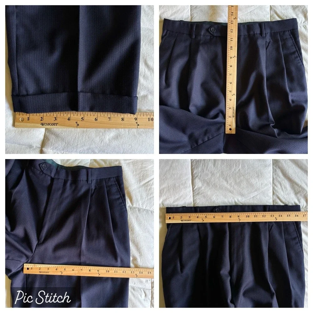 Vtg Pavone Italy Super 100 Suit Men's 44L 33x31 Pleated Navy Blue Pinstripe Boss